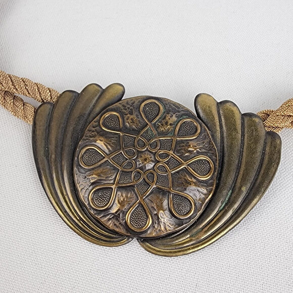 Vintage Bronze Medallion Twisted Gold Cord Statement Necklace - Picture 3 of 6